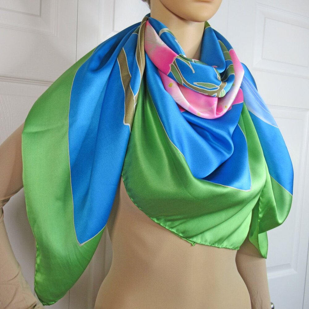 Tropical print 44 inch Scarf / Pareo / Shawl, Green, teal, pink blue floral - Picture 10 of 14